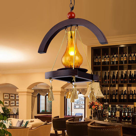 Lampe suspendue en verre craquelé jaune avec plateau en bois - Lampe suspendue au kérosène Factory