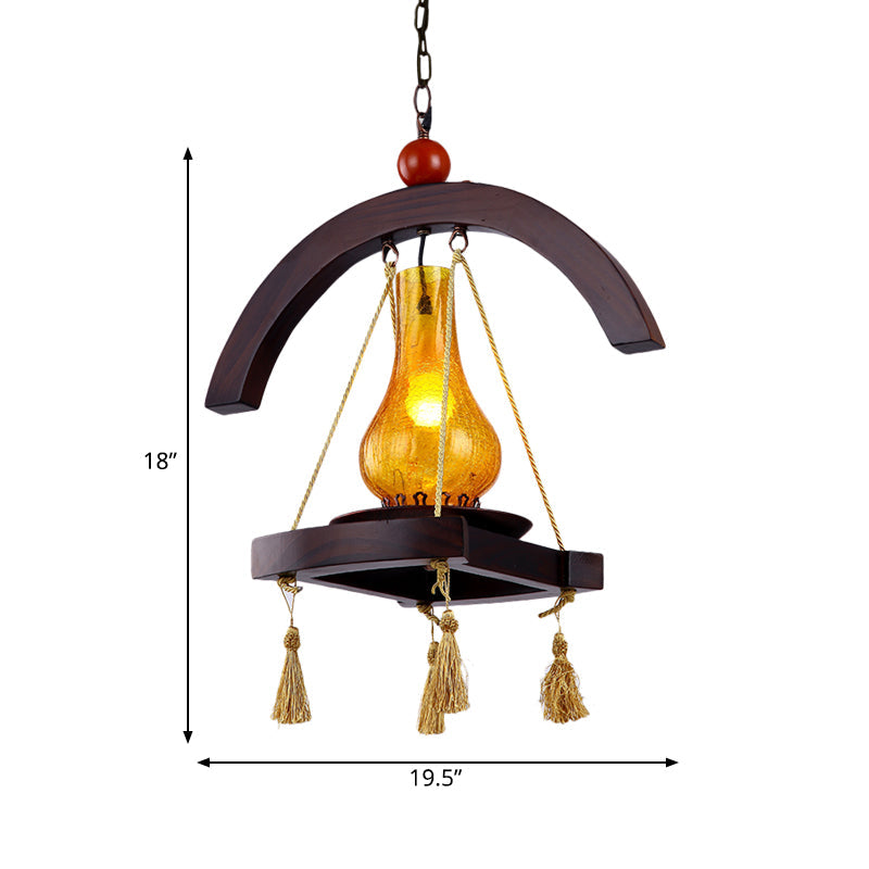 Lampe suspendue en verre craquelé jaune avec plateau en bois - Lampe suspendue au kérosène Factory