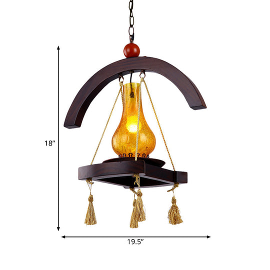 Lampe suspendue en verre craquelé jaune avec plateau en bois - Lampe suspendue au kérosène Factory