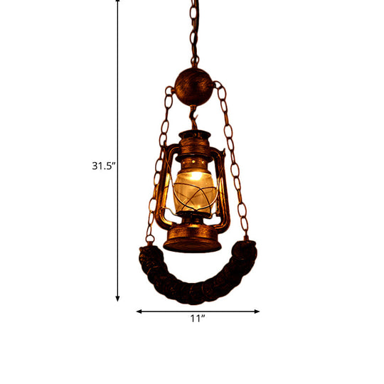 Industrial Style Pendant Lighting: Clear Glass Brass Hanging Lamp Kit with Kerosene & Resin Curved Beam
