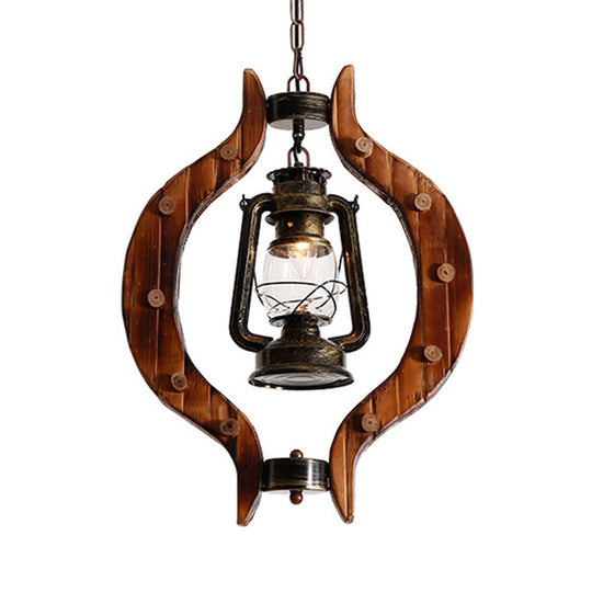 1-Light Iron Hanging Lantern: Warehouse Brass Pendant Lamp with Clear Glass and Wood Frame