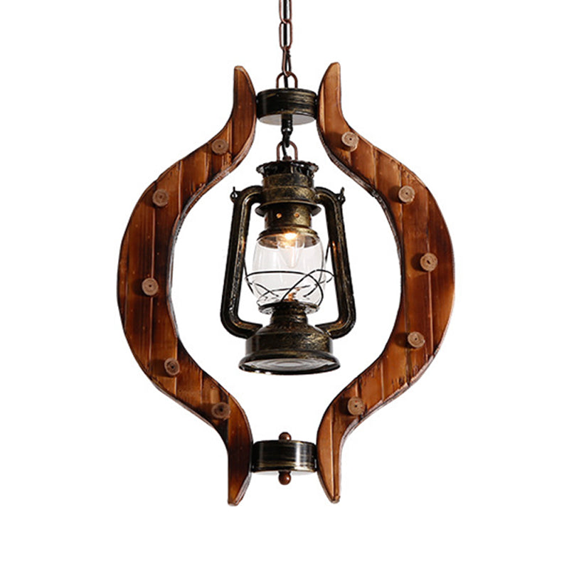 Lantern Iron Hanging Pendant Lamp With Clear Glass And Wood Frame - 1 Light Warehouse Brass Finish