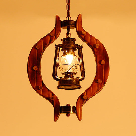 Lantern Iron Hanging Pendant Lamp With Clear Glass And Wood Frame - 1 Light Warehouse Brass Finish