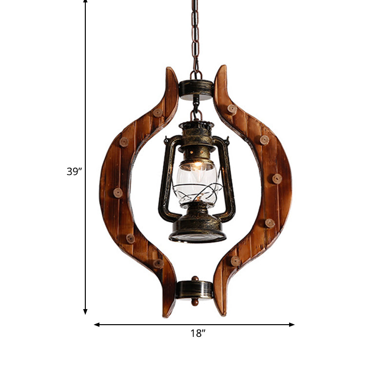 1-Light Iron Hanging Lantern: Warehouse Brass Pendant Lamp with Clear Glass and Wood Frame