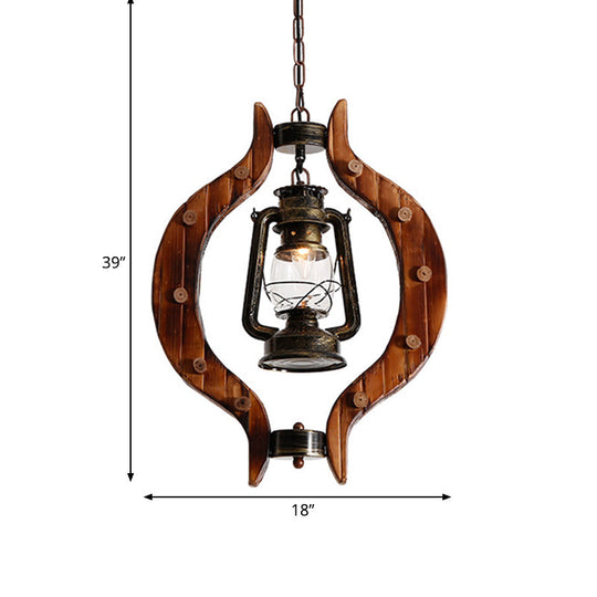 Lantern Iron Hanging Pendant Lamp With Clear Glass And Wood Frame - 1 Light Warehouse Brass Finish