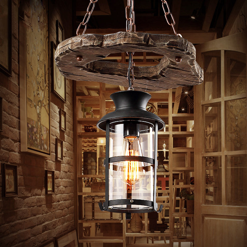 Modern Black Glass Drop Pendant Light With Wood Circle Deco For Dining Room