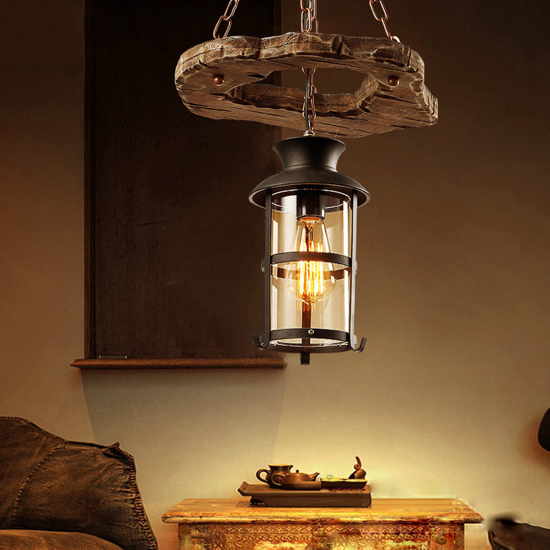 Modern Clear Glass Drop Pendant Light with Wood Circle Accents - Black Finish