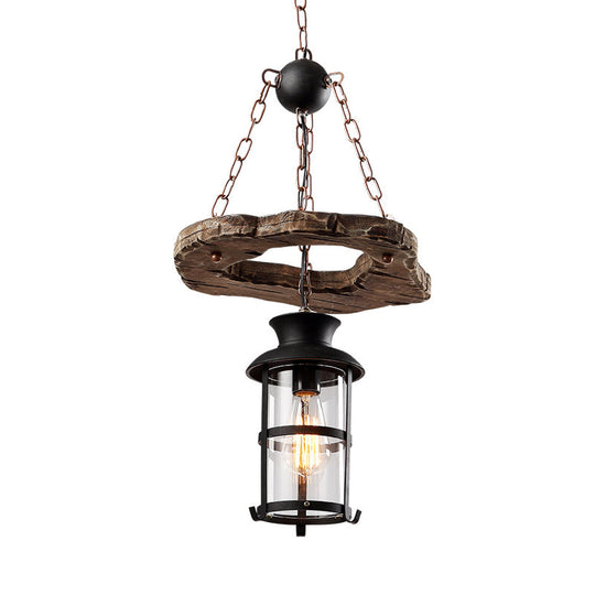 Modern Clear Glass Drop Pendant Light with Wood Circle Accents - Black Finish