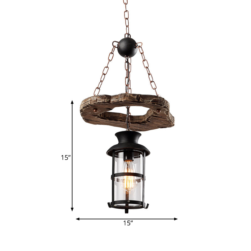 Modern Clear Glass Drop Pendant Light with Wood Circle Accents - Black Finish