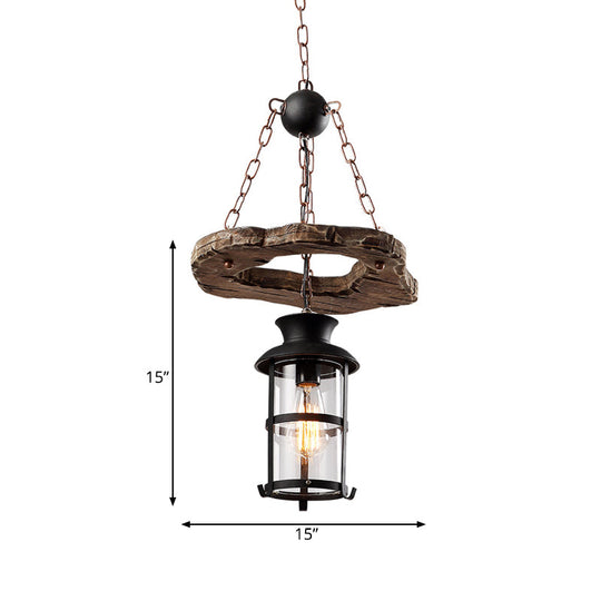 Modern Black Glass Drop Pendant Light With Wood Circle Deco For Dining Room