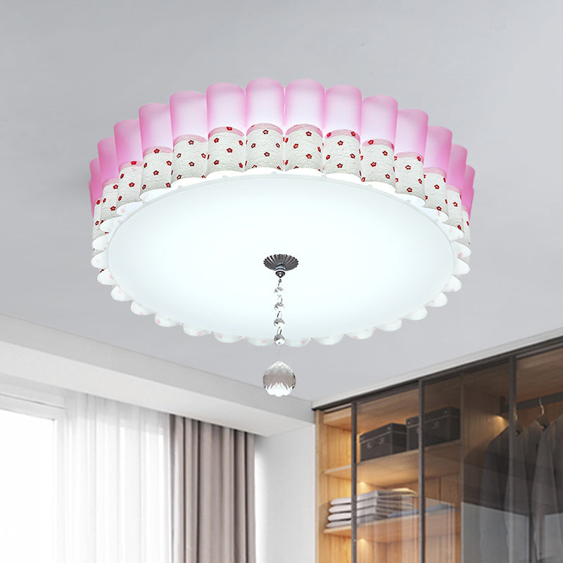 Pink Drum Flush Mount Ceiling Light with Acrylic LED, Wavy Trim, and Crystal Ball - Pastoral Bedroom Lighting