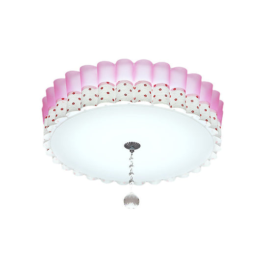 Pink Drum Flush Mount Ceiling Light with Acrylic LED, Wavy Trim, and Crystal Ball - Pastoral Bedroom Lighting