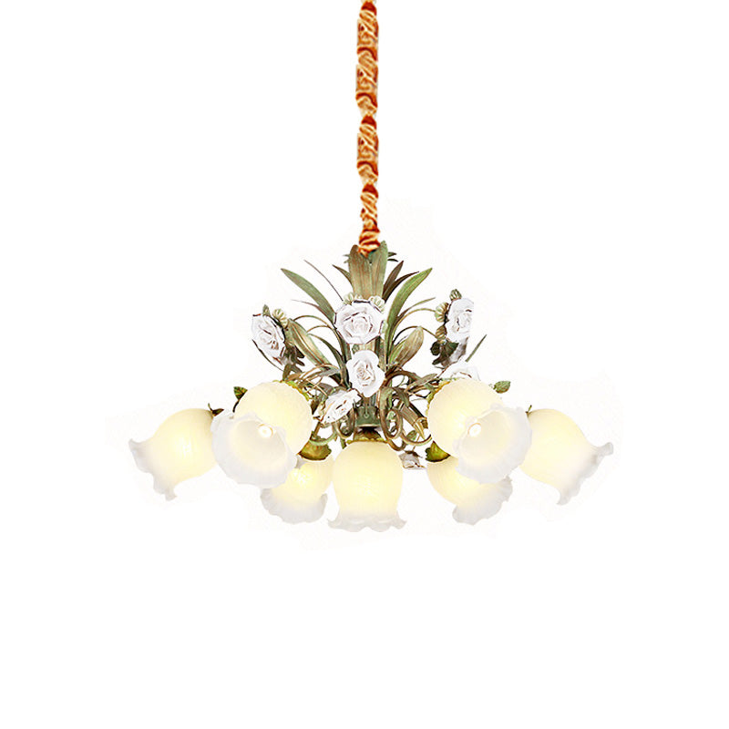 Pastoral Style Green Glass Floral Chandelier - 4/7/9-Light Ceiling Pendant For Dining Room