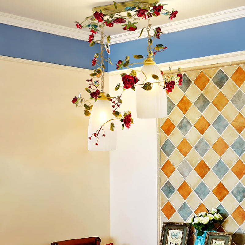 Red Cluster Pendant Ceiling Lamp With White Glass And 2/3 Lights - Elegant Country Style