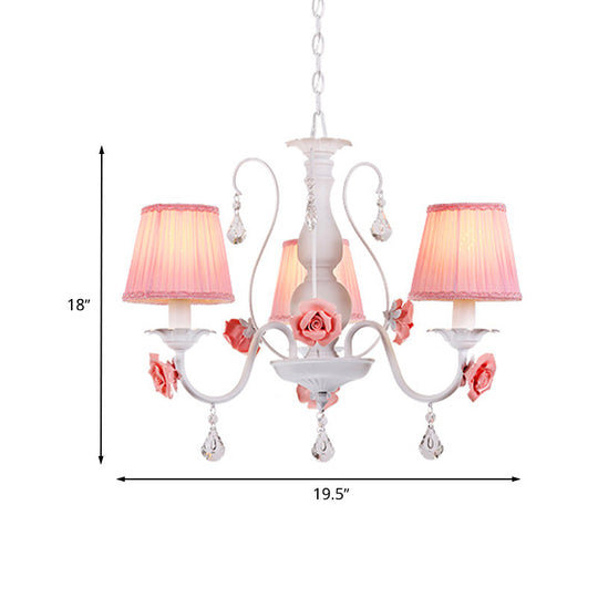 Pastoral Pink Pleated Shade Chandelier With Crystal Drop - Dining Room Pendant (3/6/8 Lights)