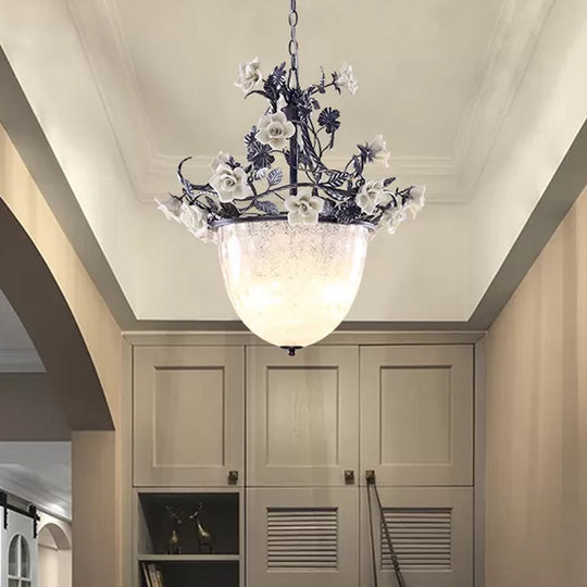 Pastoral Style 4-Bulb Chandelier Pendant Light With White Glass And Flower Decoration