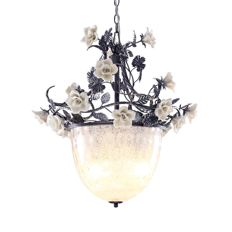 Pastoral Style 4-Bulb Chandelier Pendant Light With White Glass And Flower Decoration