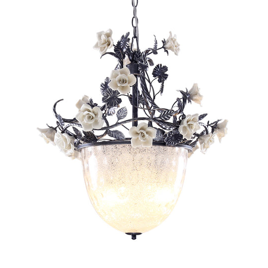 Pastoral Style 4-Bulb Chandelier Pendant Light With White Glass And Flower Decoration