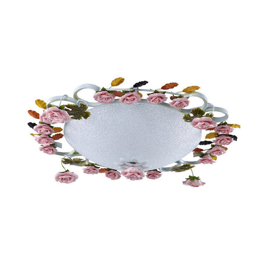 Korean Garden Led Flush Mount Ceiling Light With Pink Rose Accents - White Glass 23.5/27.5 Width