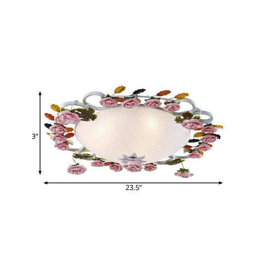 Korean Garden Led Flush Mount Ceiling Light With Pink Rose Accents - White Glass 23.5/27.5 Width