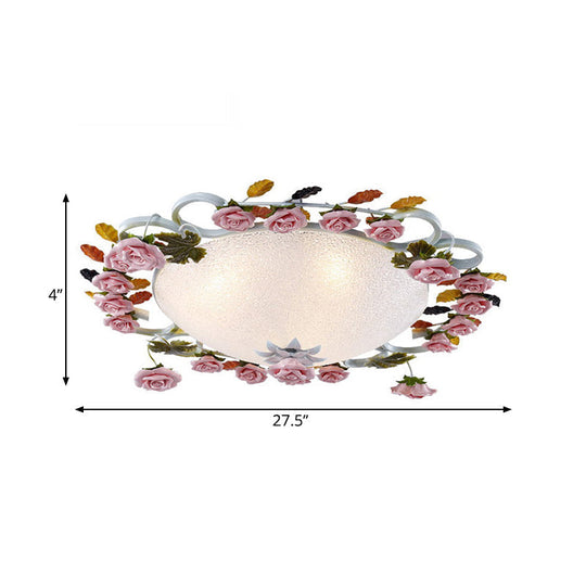 Korean Garden Led Flush Mount Ceiling Light With Pink Rose Accents - White Glass 23.5/27.5 Width