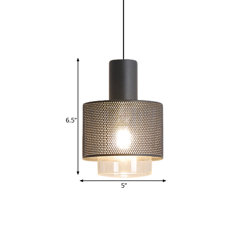 Modern Mesh Drum Pendant Lamp with Clear Glass Shade in Black