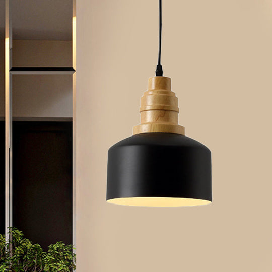Modern Nordic Black Drum Pendant Ceiling Lamp With Wood Top - 1-Bulb Iron Hanging Light