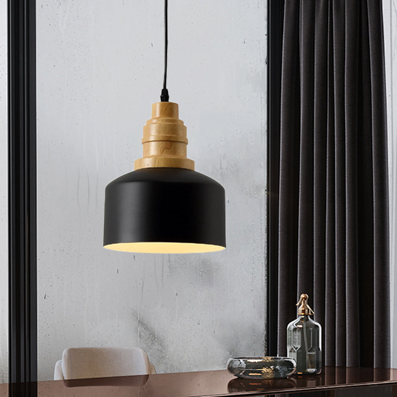Modern Nordic Black Drum Pendant Ceiling Lamp With Wood Top - 1-Bulb Iron Hanging Light