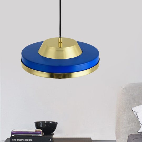 Modern Metal LED Pendant Lighting in Blue and Brass for Bedroom Ceiling - 1 Head Flying Saucer Design