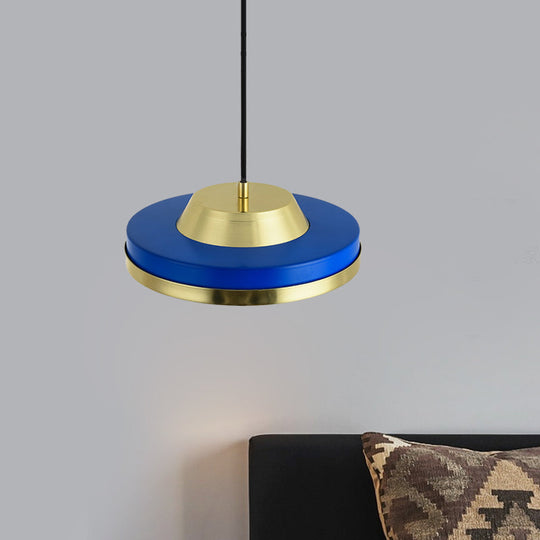 Modern Metal LED Pendant Lighting in Blue and Brass for Bedroom Ceiling - 1 Head Flying Saucer Design