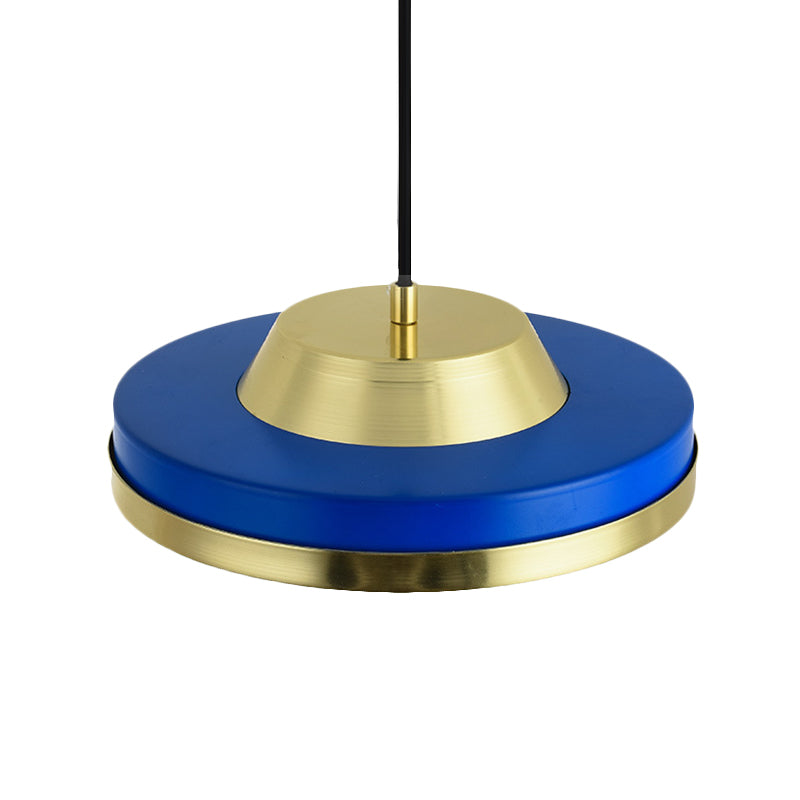 Modern Metal LED Pendant Lighting in Blue and Brass for Bedroom Ceiling - 1 Head Flying Saucer Design