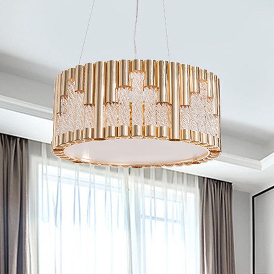 Modern Gold Drum Pendant Chandelier with Clear Glass Tube - 3 Lights - Living Room Suspension Lamp