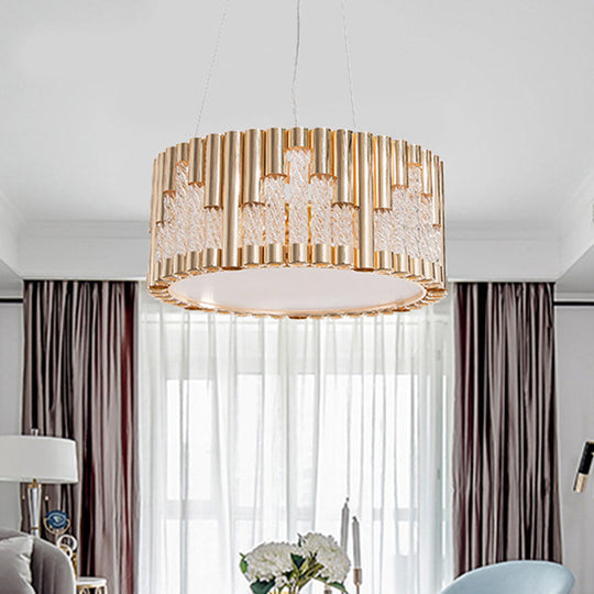 Modern Gold Drum Pendant Chandelier with Clear Glass Tube - 3 Lights - Living Room Suspension Lamp