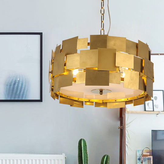 Modern Gold Square Panel Hanging Light With 6 Bulbs Metallic Drum Ceiling Chandelier Kit