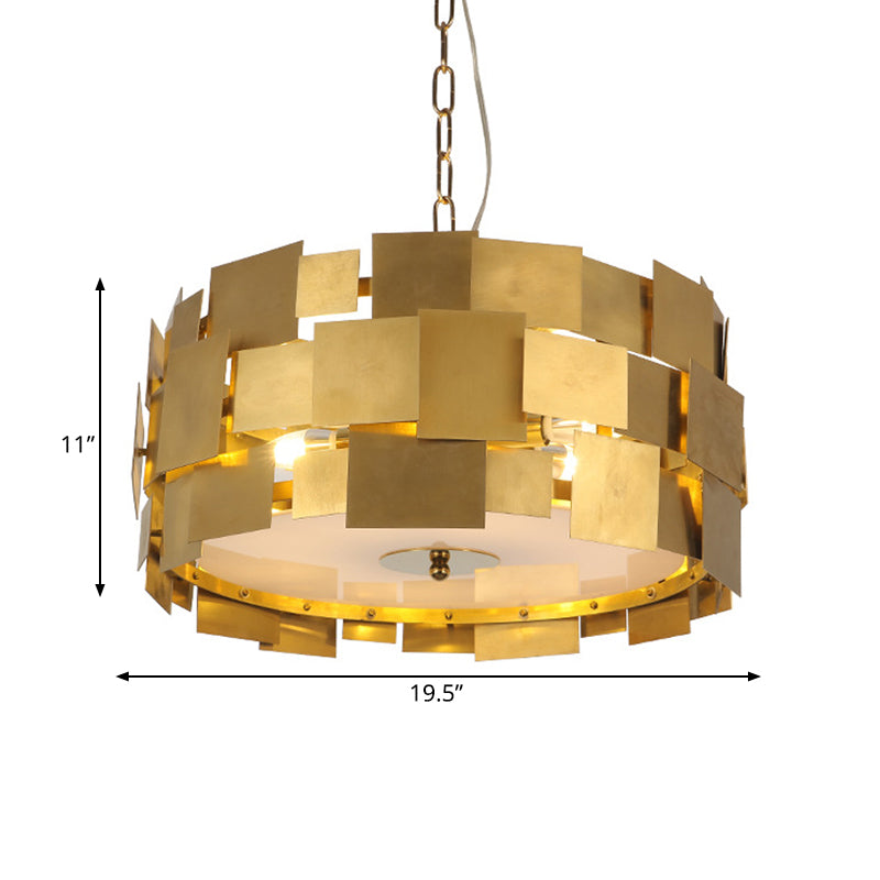Modern Gold Square Panel Hanging Light With 6 Bulbs Metallic Drum Ceiling Chandelier Kit