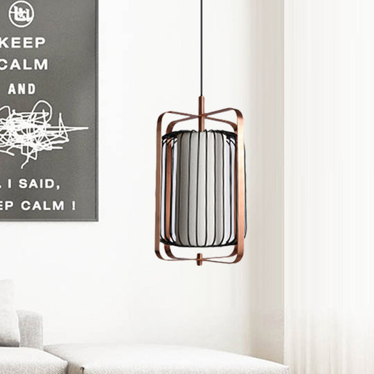 Modern Metal Pendant Lamp with Rose Gold Frame and Black Cage, 1 Light, White Fabric Shade