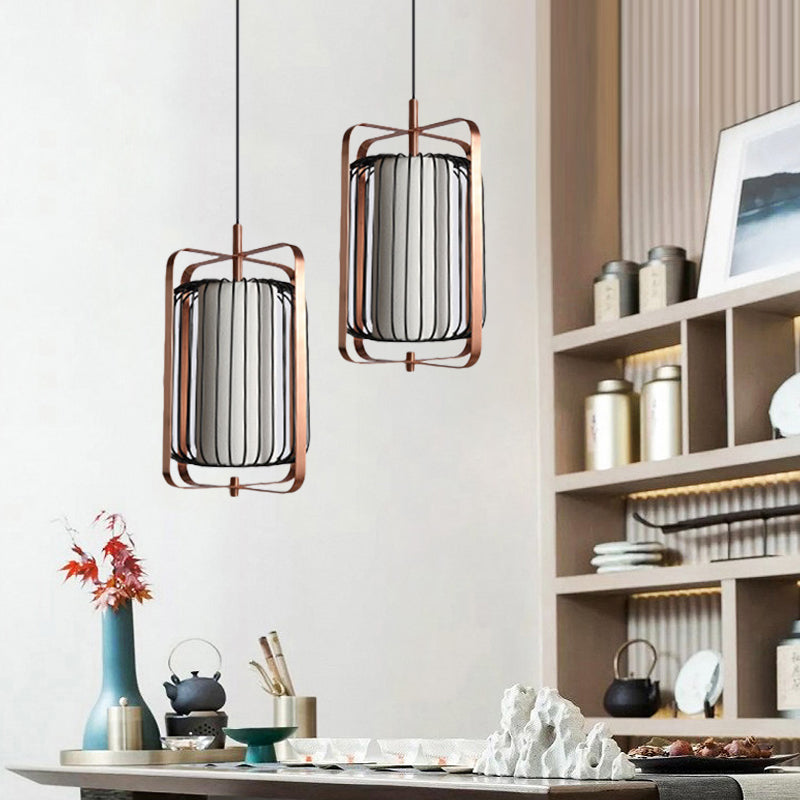Modern Metal Pendant Lamp with Rose Gold Frame and Black Cage, 1 Light, White Fabric Shade