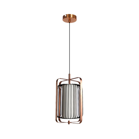 Modern Metal Pendant Lamp with Rose Gold Frame and Black Cage, 1 Light, White Fabric Shade