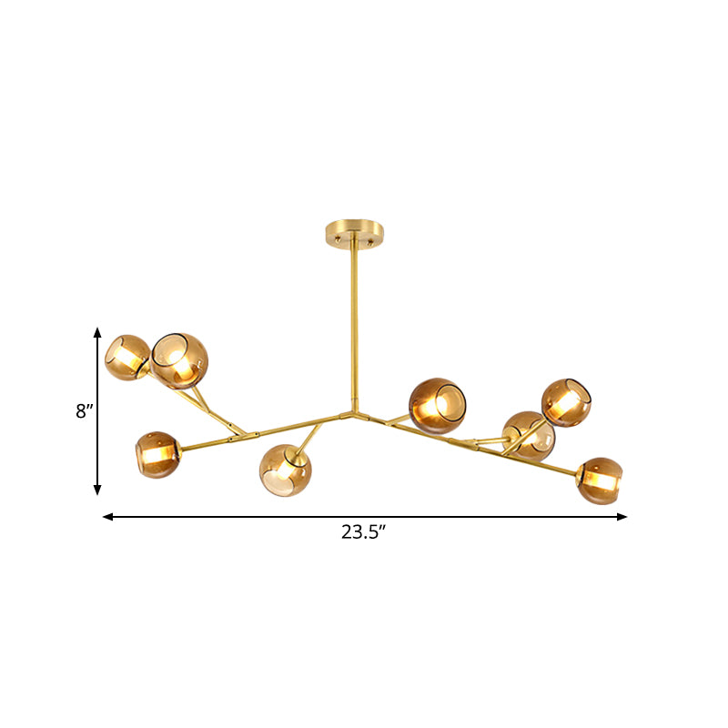 8-Bulb Branch Pendant Chandelier With Amber Glass Shade - Modern Brass Ceiling Fixture For Living