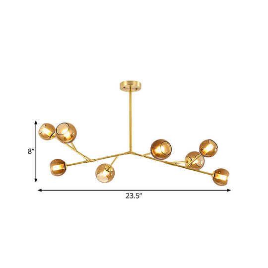 8-Bulb Branch Pendant Chandelier With Amber Glass Shade - Modern Brass Ceiling Fixture For Living