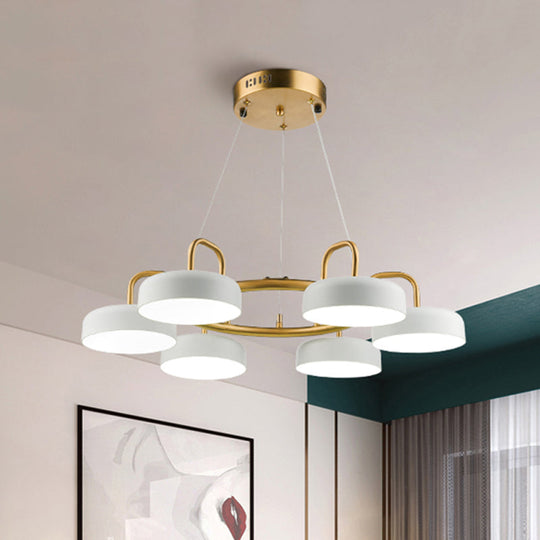 Modern 6-Head LED Chandelier: Metallic Drum Pendant in White & Gold