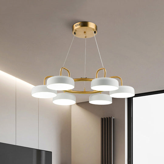 Modernist 6-Head Led Ring Chandelier In White And Gold With Metallic Drum Pendant Light Fixture