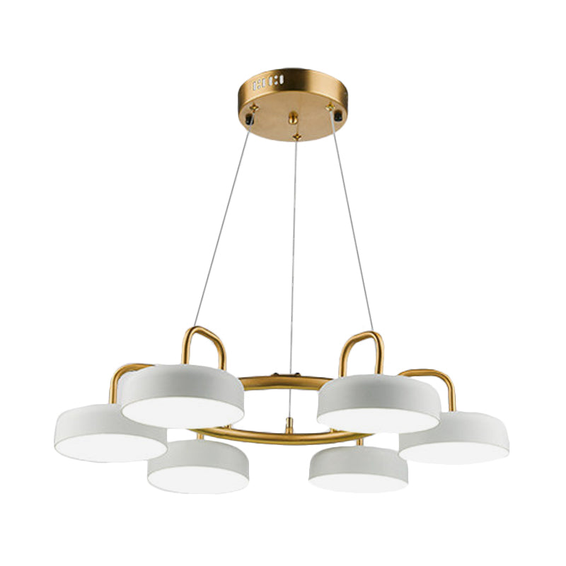 Modern 6-Head LED Chandelier: Metallic Drum Pendant in White & Gold