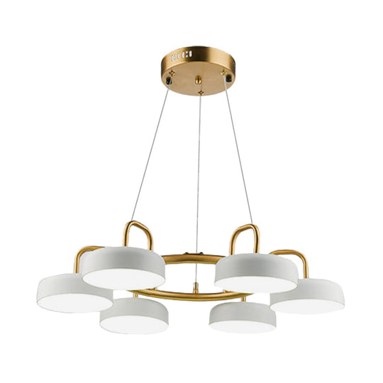 Modern 6-Head LED Chandelier: Metallic Drum Pendant in White & Gold