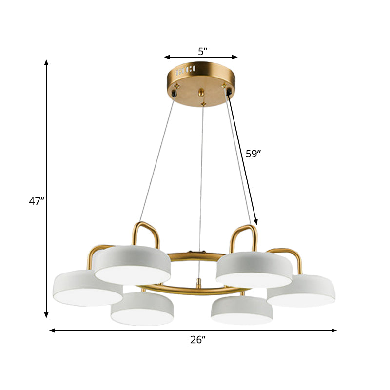 Modern 6-Head LED Chandelier: Metallic Drum Pendant in White & Gold
