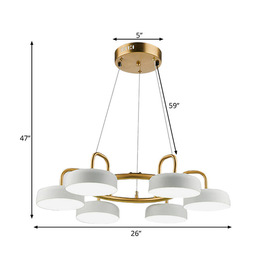 Modern 6-Head LED Chandelier: Metallic Drum Pendant in White & Gold