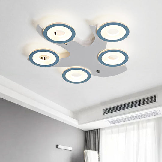 Blue Nordic LED Ceiling Light with 5 Acrylic Rings and Iron Canopy for Bedroom Flush Mount
