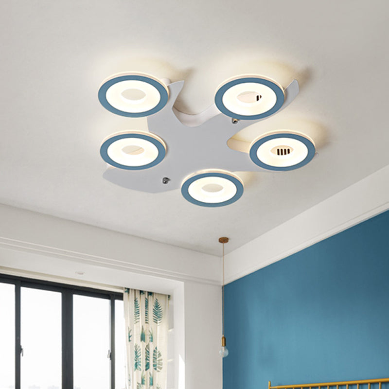 Blue Nordic LED Ceiling Light with 5 Acrylic Rings and Iron Canopy for Bedroom Flush Mount