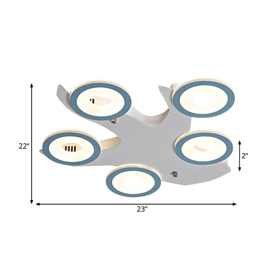 Blue Nordic LED Ceiling Light with 5 Acrylic Rings and Iron Canopy for Bedroom Flush Mount
