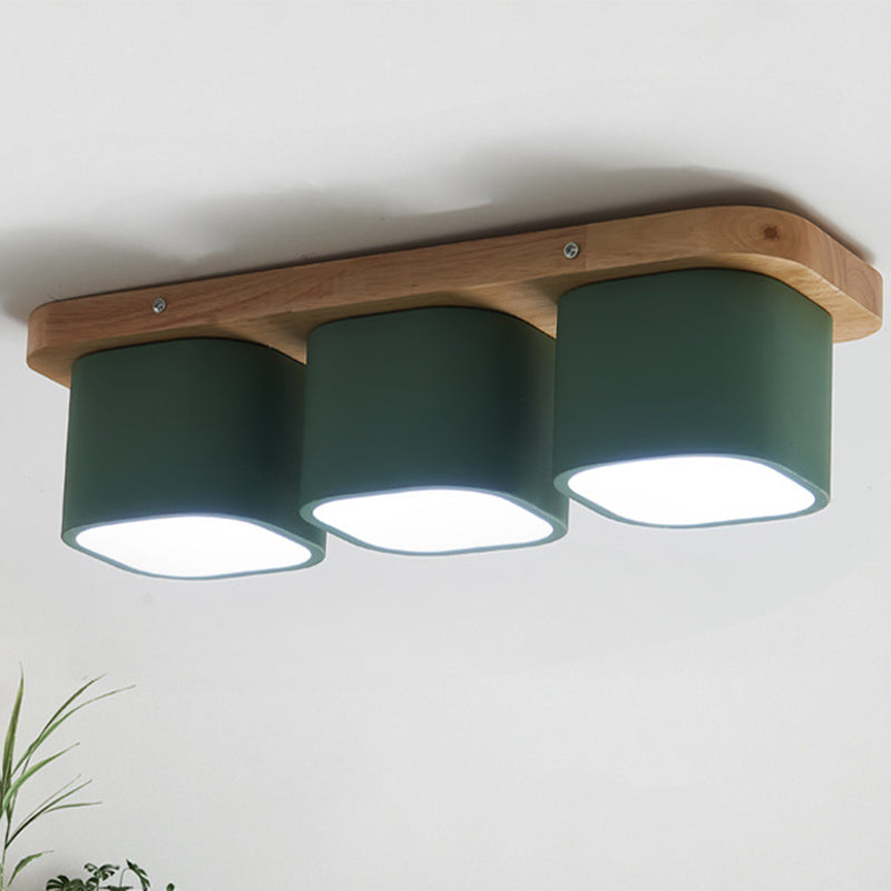 Simplicity 3-Bulb Iron Flush Mount Ceiling Fixture with Wooden Canopy - Green Square Design in Warm/White Light